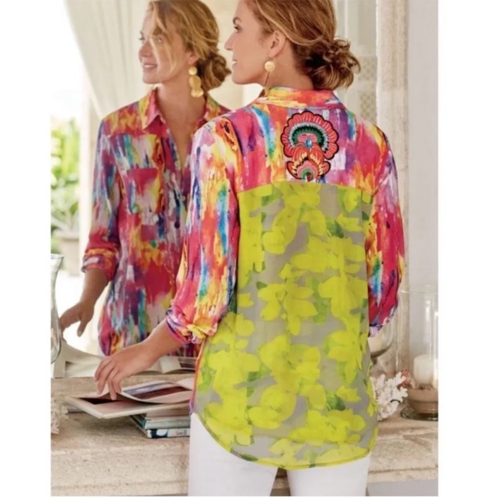Soft Surroundings PM Festiva Embellished Vibrant Button Front Top Blouse Tunic - Picture 1 of 15